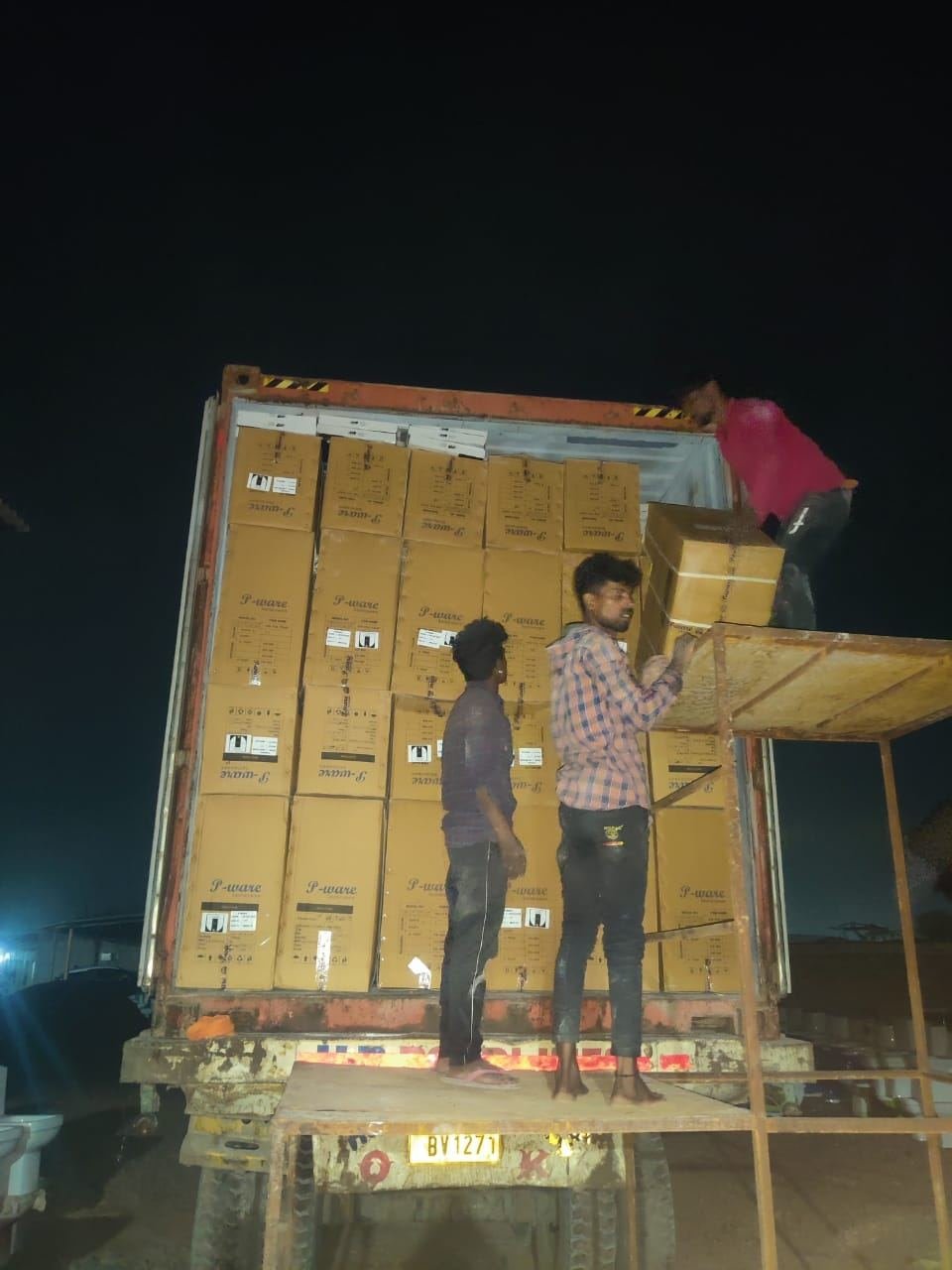 Sanitary ware cartons loaded into a container