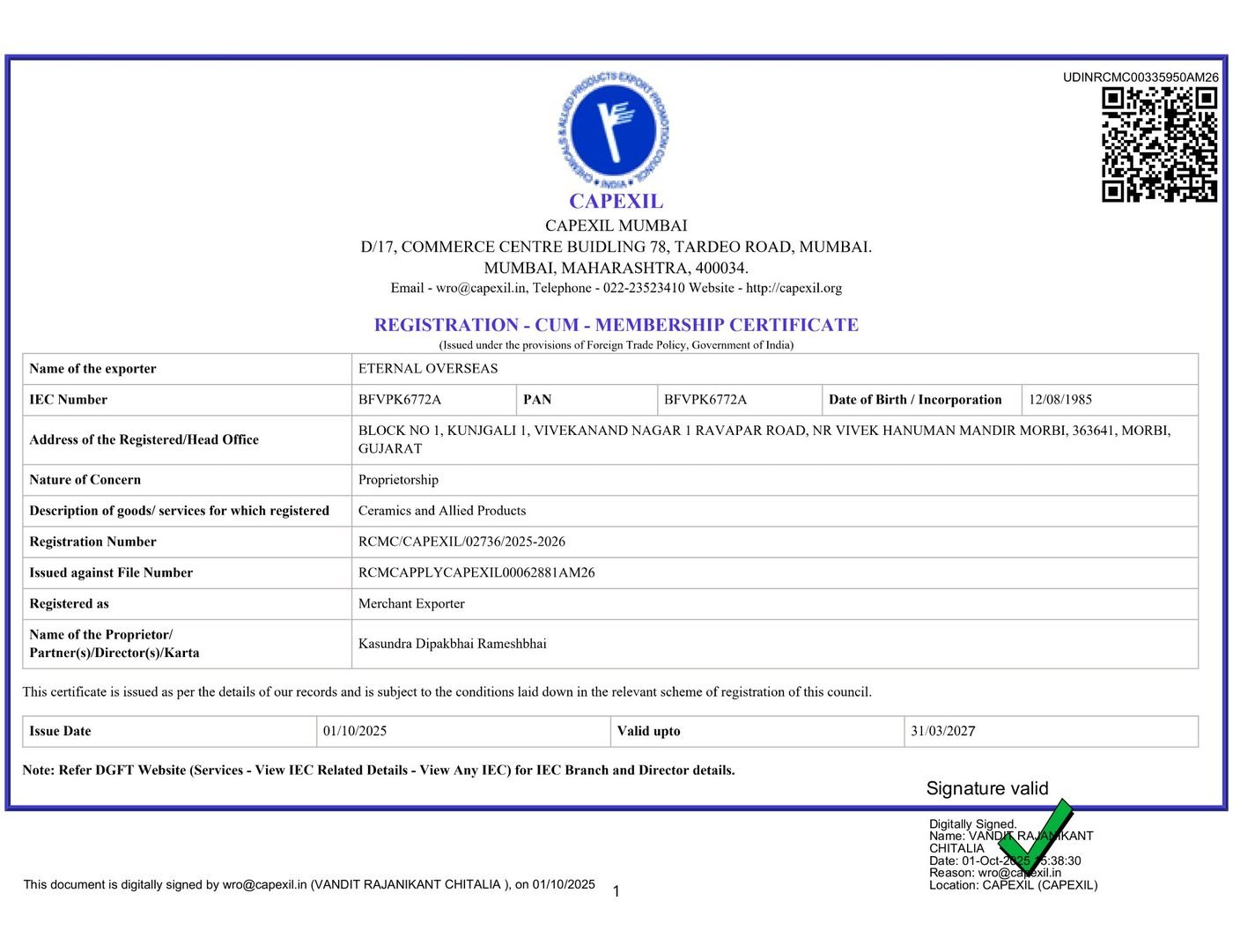 Eternal Overseas CAPEXIL Registration-cum-Membership Certificate