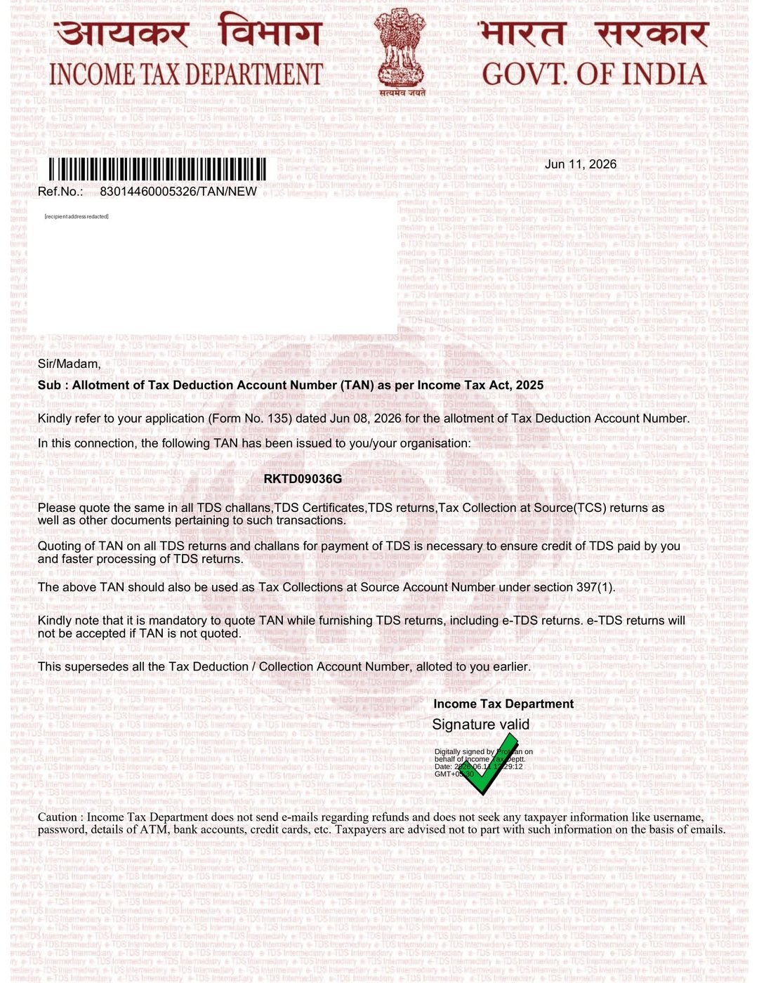 Eternal Overseas TAN Allotment Letter, Income Tax Department